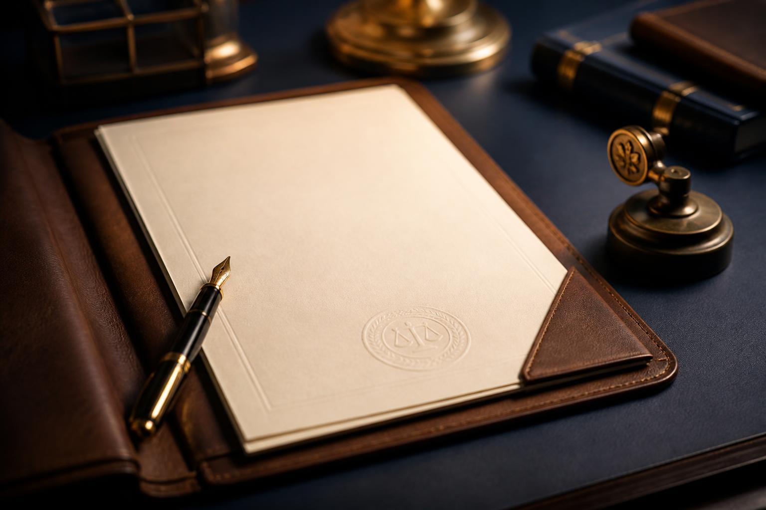Leather portfolio with notary seal and fountain pen